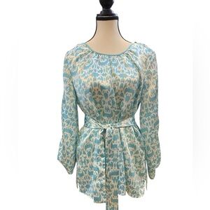 Vintage Bob Mackie Studio Blue and Cream Patterned Blouse flowy 80โs size 8